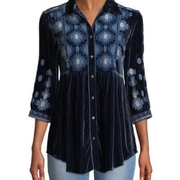 Johnny Was Nomi Smock Velvet Shirt, Blue Women's Size S - Picture 3 of 11